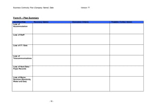 Business Continuity Plan (Company Name)/ Date Version ??
Form H C Plan Summary
Identified Risk Recovery Option Evaluation Criteria Possible Further Action
Loss of
Accommodation
Loss of Staff
Loss of IT / Data
Loss of
Telecommunications
Loss of Hard Data /
Paper Records
Loss of Mains
Services (Electricity,
Water and Gas)
- 16 -
 