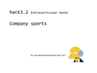 hack3.2   Extracurricular hacks


Company sports




          So, how about that local sports team. Eh?
 