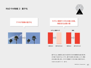 RD
量子化とは、
連続的に変化する信号の大きさを離散的な値
（飛び飛
びの値）
で近似することです。
量子化技術に取り組むことで、
精度
劣化を最小限に抑え、
モデルや画像サイズを大幅に圧縮できます。
※出典: MAU造形ファイ
ル - 量子化
RDでの取組 2｜量子化
RD
モデル
・
画像サイズ 精度
一般的なもの
一般的なもの 量子化されたもの
量子化されたもの
アナログ画像の量子化
モデル
・
画像サイズを大幅に圧縮。
精度劣化は最小限
41
VARIETAS Inc. Company Deck
 