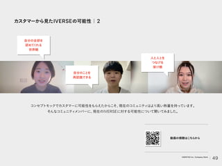 コンセプトモックでカスタマーに可能性をもらえたからこそ、
現在のコミュニティはより高い熱量を持っています。
そんなコミュニティ
メンバーに、
現在のIVERSEに対する可能性について聞いてみました。
動画の視聴はこちらから
自分の全部を
認めて
く
れる
世界観
自分のことを
再認識できる
人と人とを
つなげる
架け橋
カスタマーから見たIVERSEの可能性｜2
49
VARIETAS Inc. Company Deck
 