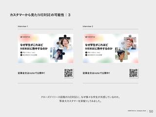 カスタマーから見たIVERSEの可能性｜3
記事全文はnoteで公開中
！
Interview 1 Interview 2
記事全文はnoteで公開中
！
クローズドリ
リース段階のIVERSEに、
なぜ様々な学生が共感しているのか。
等身大カスタマーを深堀り
してみました。
50
VARIETAS Inc. Company Deck
 