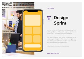 Next, we perform and brainstorm a 5 days long
Product Design Sprint activity which helps
us to transform the idea into a functionally
designed Prototype.
This helps the entire team to get in the shoes
of the users and gain insights on how a user is
going to interact with the product, it helps us to
filter out and identify what works for them and
what doesn’t.
It also helps to eliminate the risk of Failure.
Our Process
Design
Sprint
www.adsandurl.com
&
Design
Sprint
www.adsnurl.com
Our Process
Next, we perform and brainstorm a 5 days along Prod-
uct Design Sprint activity which helps us to transform
the idea into a functionally designed Prototype.
This helps the entire team to get in the shoes of the
users and gain insights on how a user is going to inter-
act with the product, it helps us to filter out and identify
what works for them and what doesn’t.
It also helps to eliminate the risk of failure.
 