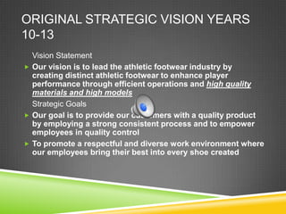 ORIGINAL STRATEGIC VISION YEARS
10-13
Vision Statement
 Our vision is to lead the athletic footwear industry by
creating distinct athletic footwear to enhance player
performance through efficient operations and high quality
materials and high models
Strategic Goals
 Our goal is to provide our customers with a quality product
by employing a strong consistent process and to empower
employees in quality control
 To promote a respectful and diverse work environment where
our employees bring their best into every shoe created

 