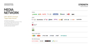 INTRODUCTION STRENGTH
MEDIA
NETWORK
DMC MEDIA’s Enormous
“Digital Media Network”
DMC MEDIA has established
the network with high performed domestic medias,
such as internet, mobile, IPTV and D-OOH.
We are expanding business area to abroad
through our own AD marketing platforms
according with global standard.
- MEDIA NETWORK
Desktop
Mobile
IPTV
DOOH
Platform of DMC MEDIA
DMC MEDIA Monopoly
 