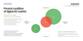B U S I N E S S
DMC MEDIA is providing best performance
to our clients via balanced service,
balanced service is realized by optimized AD marketing
strategy based on trend catch-up and deep insight,
and our powerful platform & solution techniques
OVERVIEW
- Present condition of digital AD market
High Efficiency
Non-
Programmatic
Buying
Low Efficiency
Programmatic
Buying
Near
Future
Present
Before
ㆍMedia diversification and media habit changing by smart device
ㆍ스Diversified AD exchanging method by proliferation of mobile app
ㆍAD Server & Network
ㆍAdoption of programmatic buying(RTB/nonRTB)�(DSP / DMP / SSP)
MajorissuesofdigitalADtechnologyhistory
Presentcondition
ofdigitalADmarket
Balancing between specialty
of human resource and technical skill
Digital AD market place is converting into programmatic
buying from manual buying which focused on human resource,
it is evolving into optimized circumstances
that maximize effectiveness for advertiser and publisher.
Accordingly elaborated strategy, operating skills,
and advanced technology is emerging
as the core capability in digital AD market.
 