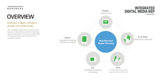 B U S I N E S S INTEGRATED
DIGITAL MEDIA REP
- OVERVIEW
OVERVIEW
Realization of digital convergence
through cross-media strategy
DMC’s Integrated digital media rep service provides
best cross-media planning to optimize AD campaign
based on experiences for many years in digital media
AD marketing industry, and maximize ROI of AD
campaign we execute
PersonalizedADmarketing
DA,Reward,non-Reward
Well-Blended
Media Planning
INTERNET
AD NETWORK
MOBILE
IPTV DOOH
Globaltopclassmediapower
DisplayAD,Video
Highattentive&Interactive
ADmarketing
AD Marketing optimized to
target audience’s life cycle
 