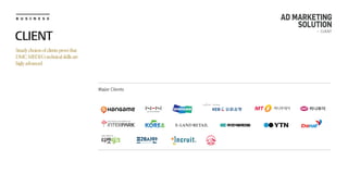 B U S I N E S S
CLIENT
Steadychoicesofclientsprovethat
DMCMEDIA’stechnicalskillsare
higlyadvanced
Major Clients
AD MARKETING
SOLUTION
- CLIENT
 