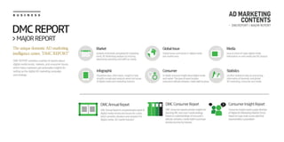 B U S I N E S S
- DMCREPORT > MAJOR REPORT
The unique domestic AD marketing
intelligence center, ‘DMC REPORT’
DMC REPORT provides a variety of reports about
digital media trends, markets, and consumer issues,
which helps marketers get actionable insights for
setting up the digital AD marketing campaign
and strategy.
DMCREPORT
>MAJORREPORT
DMCAnnualReportiscomprehensivereportof
digital media trends and issues for a year,
which provides situation and prospect for
digital media, AD market industry
DMCAnnualReport
DMCconsumerreportsprovideinsightsfor
planningIMCandcross-mediastrategy
basedonunderstandingsofconsumer’s
attitude,behavior,mediahabitinpurchase
decisionjourneybyindustry
DMCConsumerReport
AnalysisofdomesticandglobalADmarketing
trend, AD Marketing analysis by industry,
advertising spending and traffic by media
Market
Global issues and trends in digital media
and market area
GlobalIssue
Issue & trend of major digital media
Information on new media and AD product
Media
Visualized data, information, insight to help
simplify complicated analysis about hot issues
of digital media and marketing industry
Infographic
In-depthconsumerinsightaboutdigitalmedia
andmarket.Thistypeofreportincludes
consumer’sattitude,behavior,mediahabitbygroup
Consumer
Intuitive statistical data by processing
information of domestic and global
AD marketing, consumer and media
Statistics
ConsumerInsightreportsupplydirection
ofDigitalAD/Marketing/Market/Trend
basedonhugescalesurveydatathat
representativeapopulation
ConsumerInsightReport
AD MARKETING
CONTENTS
 