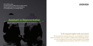 AssistantvsRepresentative
How many assistant mangers are promoted to CEO who represents the company?
REP. service assist customer’s digital media AD.
But value of REP. service, DMC thinks,
is representing the brand of advertiser and client
DMCMEDIAisdoing
four fields ofbusinessindigitalmediaconvergenceindustry,
integrateddigitalmediarep,ADmarketingplatform,
ADmarketingsolution,ADmarketingcontents.
OVERVIEW
‘Intheintegrateddigitalmediarepbusiness’
Wehaveoptimizedmarketingsolutionline-upandinsightfulADdatabase
basedonourthirteenyearsofexperienceindigitalmediaAD/marketingindustry,
soweareexecutingthemostaccurate,creativeandeffectiveADcampaign
ineverydigitalmediasuchasinternet,mobile,IPTV,DOOHandetc.
 