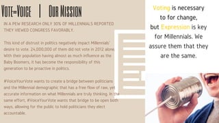 Vote=Voice | OurMission
IN A PEW RESEARCH ONLY 30% OF MILLENNIALS REPORTED
THEY VIEWED CONGRESS FAVORABLY.
This kind of distrust in politics negatively impact Millennials'
desire to vote. 24,000,000 of them did not vote in 2012 alone.
With their population having almost as much influence as the
Baby Boomers, it has become the responsibility of this
generation to be proactive in politics.
#VoiceYourVote wants to create a bridge between politicians
and the Millennial demographic that has a free flow of raw, yet
accurate information on what Millennials are truly thinking. In the
same effort, #VoiceYourVote wants that bridge to be open both
ways, allowing for the public to hold politicians they elect
accountable.
Voting is necessary
to for change,
but Expression is key
for Millennials. We
assure them that they
are the same.
 