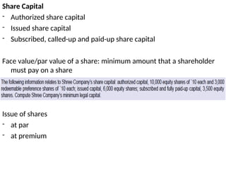 Share Capital
- Authorized share capital
- Issued share capital
- Subscribed, called-up and paid-up share capital
Face value/par value of a share: minimum amount that a shareholder
must pay on a share
Issue of shares
- at par
- at premium
 