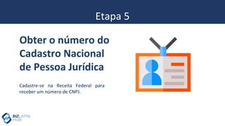 Etapa 5
Cadastre-se na Receita Federal para
receber um número de CNPJ.
Obter o número do
Cadastro Nacional
de Pessoa Juríd...