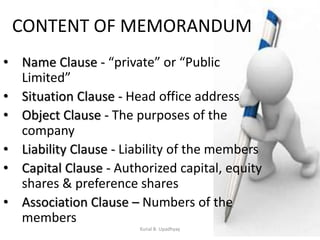 CONTENT OF MEMORANDUM
• Name Clause - “private” or “Public
Limited”
• Situation Clause - Head office address
• Object Clause - The purposes of the
company
• Liability Clause - Liability of the members
• Capital Clause - Authorized capital, equity
shares & preference shares
• Association Clause – Numbers of the
members
Kunal B. Upadhyay
 