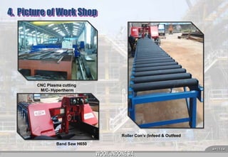 4. Picture of Work Shop

CNC Plasma cutting
M/C- Hypertherm

Roller Con’v (Infeed & Outfeed
Band Saw H650
 18 

 