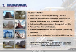 2. Business fields
<Business fields>
1. Steel Structure Fabricator, Machining & Erection
2. Industrial Machinery Manufacturing & Erection for the
Factory, Refinery and other processing plant.
3. Fabrication of Conveyor, Vessel, Storage tank and Silo.
4. Various Steel Structural Products.
5. Fabrication of Production line for Plywood, Tyre making
Machinery
6. Ducting, Piping, Hydraulic ,Pneumatic and Electrical Work

Head Office
Jl.Raya Pasar kemis-Rajeg No.25, Kel.Sindangsari, Pasar Kemis
Kab.Tangerang – Banten, Tlp : 021-59350101, Fax : 021-59350123
Email : ptwooil@hotmail.com
4

 