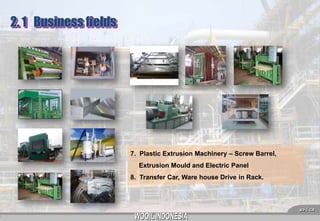 2. 1 Business fields

7. Plastic Extrusion Machinery – Screw Barrel,
Extrusion Mould and Electric Panel
8. Transfer Car, Ware house Drive in Rack.

5

 