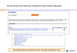 Van elk persoon kan direct een Compliance check worden uitgevoerd




       Verspil geen tijd aan prospects met een verhoogd Compliance risico.
 