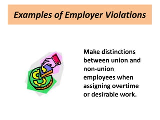 Examples of Employer Violations


                Make distinctions
                between union and
                non-union
                employees when
                assigning overtime
                or desirable work.
 