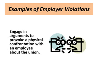 Examples of Employer Violations


Engage in
arguments to
provoke a physical
confrontation with
an employee
about the union.
 