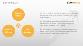 We look for students studying abroad to return with foreign
experiences, bringing international visions and services to
local companies.
We discover local talents with multinational corporate
background to serve local Chinese companies to help
contribute to expanding China’s horizon.
We help students and freshmen to develop their talents as
well as finding suitable companies for college students and
post-graduates to perform their internship in.
OUR CANDIDATES
Chinese
Talents
Overseas
Chinese
Post-
Graduates
 