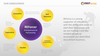 OUR CONSULTANTS
REForce is a strong
supporter of individuals
with the ability and vision to
start their businesses and
we are inviting more like-
minded people to
accomplish our diversified
recruitment business.
REForcer
Entrepreneurial
Partnership
Risk
Tolerance
Innovative
Explorative
Flexible
Challenging
Competitiveness
Think out of the box and we
bring changes to the industry
REForcers are
never afraid of
taking risk
Dare to take challenge
and always be ahead of
the market
Unlike global company,
we have the flexibility
to make change and
we respect every idea
at REForce
We always
explore fast and
action quick
 