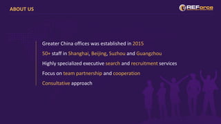 ABOUT US
Greater China offices was established in 2015
50+ staff in Shanghai, Beijing, Suzhou and Guangzhou
Highly specialized executive search and recruitment services
Focus on team partnership and cooperation
Consultative approach
 