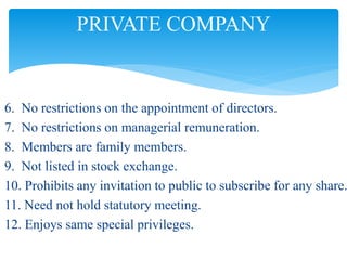 6. No restrictions on the appointment of directors.
7. No restrictions on managerial remuneration.
8. Members are family members.
9. Not listed in stock exchange.
10. Prohibits any invitation to public to subscribe for any share.
11. Need not hold statutory meeting.
12. Enjoys same special privileges.
PRIVATE COMPANY
 