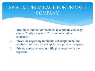 1. Minimum number of members in a private company
can be 2 only as against 7 in case of a public
company.
2. Provision regarding minimum subscription before
allotment of share do not apply to a private company.
3. Private company need not file prospectus with the
registrar.
SPECIAL PREVILAGE FOR PRIVATE
COMPANY
 