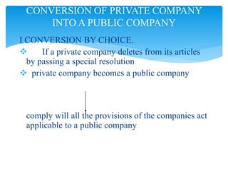 I CONVERSION BY CHOICE.
 If a private company deletes from its articles
by passing a special resolution
 private company becomes a public company
comply will all the provisions of the companies act
applicable to a public company
CONVERSION OF PRIVATE COMPANY
INTO A PUBLIC COMPANY
 