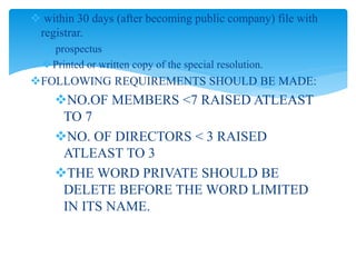  within 30 days (after becoming public company) file with
registrar.
 prospectus
Printed or written copy of the special resolution.
FOLLOWING REQUIREMENTS SHOULD BE MADE:
NO.OF MEMBERS <7 RAISED ATLEAST
TO 7
NO. OF DIRECTORS < 3 RAISED
ATLEAST TO 3
THE WORD PRIVATE SHOULD BE
DELETE BEFORE THE WORD LIMITED
IN ITS NAME.
 