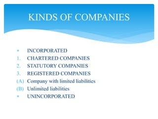  INCORPORATED
1. CHARTERED COMPANIES
2. STATUTORY COMPANIES
3. REGISTERED COMPANIES
(A) Company with limited liabilities
(B) Unlimited liabilities
 UNINCORPORATED
KINDS OF COMPANIES
 