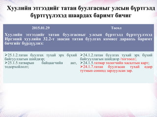 Хуулийн этгээдийг татан буулгасныг улсын бүртгэлдХуулийн этгээдийг татан буулгасныг улсын бүртгэлд
бүртгүүлэхэд шаардах баримт бичигбүртгүүлэхэд шаардах баримт бичиг
2015.01.29 Төсөл
Хуулийн этгээдийг татан буулгасныг улсын бүртгэлд бүртгүүлэхэд
Иргэний хуулийн 32.2-т заасан татан буулгах комисс дараахь баримт
бичгийг бүрдүүлнэ:
25.1.2.татан буулгах тухай эрх бүхий
байгууллагын шийдвэр;
25.1.5.татварын байцаагчийн акт,
тодорхойлолт;
24.1.2.татан буулгах тухай эрх бүхий
байгууллагын шийдвэр /тогтоол/;
24.1.5.татвар төлөгчийн хасалтын карт;
24.1.7.татан буулгасан тухай өдөр
тутмын сонинд зарлуулсан зар.
 