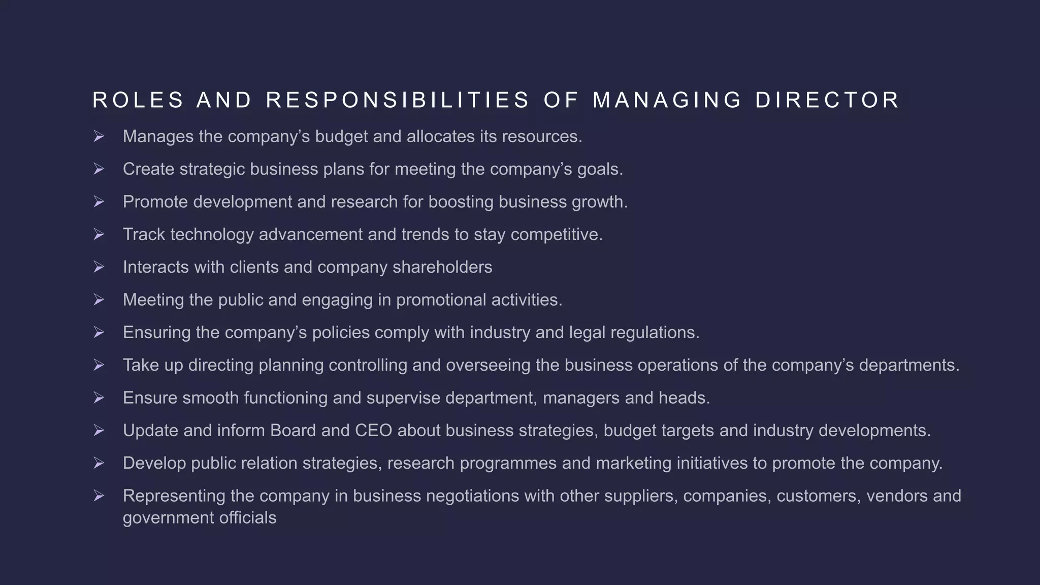 R O L E S A N D R E S P O N S I B I L I T I E S O F M A N A G I N G D I R E C T O R
