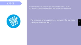 16
KHOO YOKE WOH V LEE CHOO YAM HOLDINGS SDN BHD [1991] 1 MLJ 414
WU SHU CHEN V RAJA ZAINAL ABIDIN BIN RAJA HUSSIN [1997] 3 AMR 2186
No evidence of any agreement between the partners
to displace section 35(1)
CASES
 