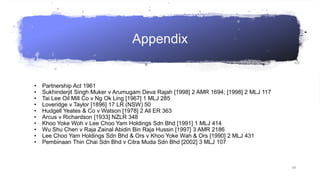 Appendix
• Partnership Act 1961
• Sukhinderjit Singh Muker v Arumugam Deva Rajah [1998] 2 AMR 1694; [1998] 2 MLJ 117
• Tai Lee Oil Mill Co v Ng Ok Ling [1967] 1 MLJ 285
• Loveridge v Taylor [1896] 17 LR (NSW) 50
• Hudgell Yeates & Co v Watson [1978] 2 All ER 363
• Arcus v Richardson [1933] NZLR 348
• Khoo Yoke Woh v Lee Choo Yam Holdings Sdn Bhd [1991] 1 MLJ 414
• Wu Shu Chen v Raja Zainal Abidin Bin Raja Hussin [1997] 3 AMR 2186
• Lee Choo Yam Holdings Sdn Bhd & Ors v Khoo Yoke Wah & Ors [1990] 2 MLJ 431
• Pembinaan Thin Chai Sdn Bhd v Citra Muda Sdn Bhd [2002] 3 MLJ 107
48
 