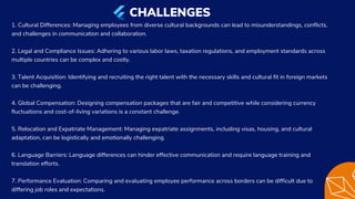 1. Cultural Differences: Managing employees from diverse cultural backgrounds can lead to misunderstandings, conflicts,
and challenges in communication and collaboration.
2. Legal and Compliance Issues: Adhering to various labor laws, taxation regulations, and employment standards across
multiple countries can be complex and costly.
3. Talent Acquisition: Identifying and recruiting the right talent with the necessary skills and cultural fit in foreign markets
can be challenging.
4. Global Compensation: Designing compensation packages that are fair and competitive while considering currency
fluctuations and cost-of-living variations is a constant challenge.
5. Relocation and Expatriate Management: Managing expatriate assignments, including visas, housing, and cultural
adaptation, can be logistically and emotionally challenging.
6. Language Barriers: Language differences can hinder effective communication and require language training and
translation efforts.
7. Performance Evaluation: Comparing and evaluating employee performance across borders can be difficult due to
differing job roles and expectations.
CHALLENGES
 