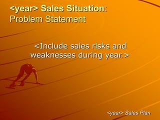 <year> Sales Situation:
Problem Statement
<Include sales risks and
weaknesses during year.>
<year> Sales Plan
 