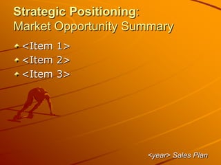 Strategic Positioning:
Market Opportunity Summary
<Item 1>
<Item 2>
<Item 3>
<year> Sales Plan
 