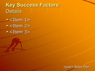 Key Success Factors:
Details
<Item 1>
<Item 2>
<Item 3>
<year> Sales Plan
 