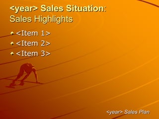 <year> Sales Situation:
Sales Highlights
<Item 1>
<Item 2>
<Item 3>
<year> Sales Plan
 