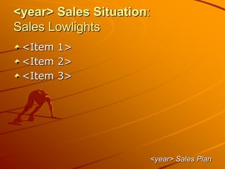 <year> Sales Situation:
Sales Lowlights
<Item 1>
<Item 2>
<Item 3>
<year> Sales Plan
 
