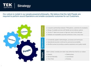 Our culture is rooted in our people-powered philosophy. We believe that the right People are required to perform sound Operations and enable successful outcomes for our Customers.  Strategy Long-term partnerships between TEKsystems, customers & consultants Range of scalable services with flexible service delivery options Top tier IT talent and access to high-end, hard to find skill sets Reliable and repeatable outcomes achieved on time, every time Consistently applied methodologies, processes and techniques  Operational execution reinforced by personal accountability  All efforts aimed at providing a positive experience and quality results Seek to attract, develop and retain high performers that live our values: Integrity Servant Mentality Team Rule Relationships  Commitment  Diversity  Customers Operations People 