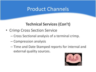 Product Channels
Technical Services (Con’t)
• Crimp Cross Section Service
– Cross Sectional analysis of a terminal crimp.
– Compression analysis
– Time and Date Stamped reports for internal and
external quality sources.
 