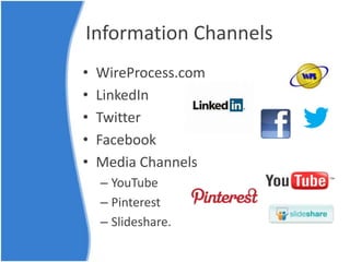 Information Channels
• WireProcess.com
• LinkedIn
• Twitter
• Facebook
• Media Channels
– YouTube
– Pinterest
– ݺߣshare.
 