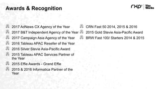 Awards & Recognition
2017 AdNews CX Agency of the Year
2017 B&T Independent Agency of the Year
2017 Campaign Asia Agency of the Year
2016 Tableau APAC Reseller of the Year
2016 Silver Stevie Asia-Pacific Award
2015 Tableau APAC Services Partner of
the Year
2015 Effie Awards - Grand Effie
2015 & 2016 Informatica Partner of the
Year
CRN Fast 50 2014, 2015 & 2016
2015 Gold Stevie Asia-Pacific Award
BRW Fast 100/ Starters 2014 & 2015
 