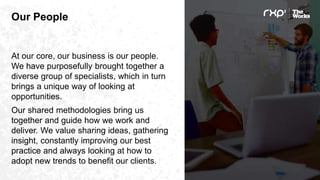Our People
At our core, our business is our people.
We have purposefully brought together a
diverse group of specialists, which in turn
brings a unique way of looking at
opportunities.
Our shared methodologies bring us
together and guide how we work and
deliver. We value sharing ideas, gathering
insight, constantly improving our best
practice and always looking at how to
adopt new trends to benefit our clients.
 