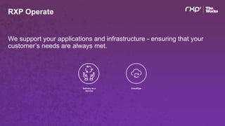 RXP Operate
We support your applications and infrastructure - ensuring that your
customer’s needs are always met.
Delivery as a
Service
CloudOps
 