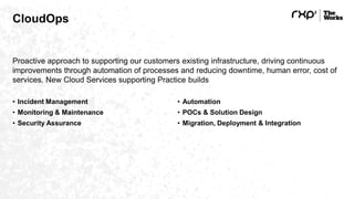 CloudOps
Proactive approach to supporting our customers existing infrastructure, driving continuous
improvements through automation of processes and reducing downtime, human error, cost of
services. New Cloud Services supporting Practice builds
• Incident Management
• Monitoring & Maintenance
• Security Assurance
• Automation
• POCs & Solution Design
• Migration, Deployment & Integration
 