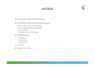 AGENDA
 A successful industrial Transformation
 2018-2022 Strategy & Recent Developments:
 Abroad: focus on Co-Dev & Greenfield
 Italy: focus on Repowering & Reblading
 Focus on M&A
 2018-2022 Business Plan Targets
 3Q 2018 Results
 Key Figures
 Key Financials
 2018 Guidance
 Appendix
 Management Profiles
3
 