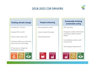 Sustainable thinking
sustainable acting
- CDP reporting
- Integration of HSE certifications
according to ONE Company
Model
- Consolidating relations with
communities
- Technological development
2018-2022 CSR DRIVERS
37
Tackling climate change
- Avoided CO2: 15mtons
- Avoided TEP: 5m TEP
- Carbon Index: down 14%
- Continous efforts on extracting
value from our technology
- Enhancing our integrated
generation portfolio
- New leadership model
- Human Capital Coverage
- Skills development
People enhancing
 
